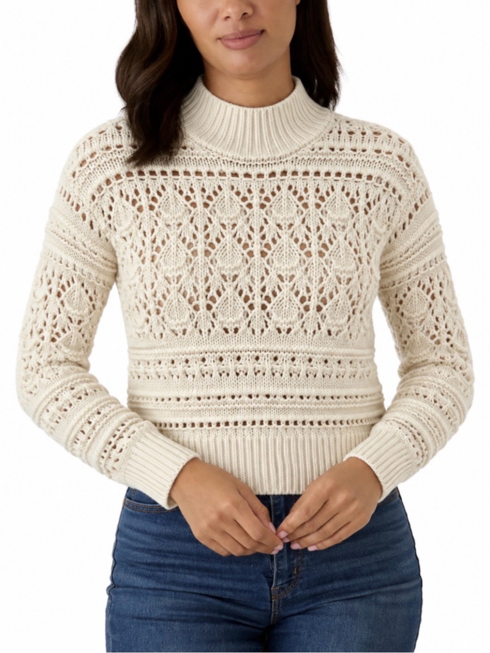 Muse Cream Openwork Mock Neck Sweater
